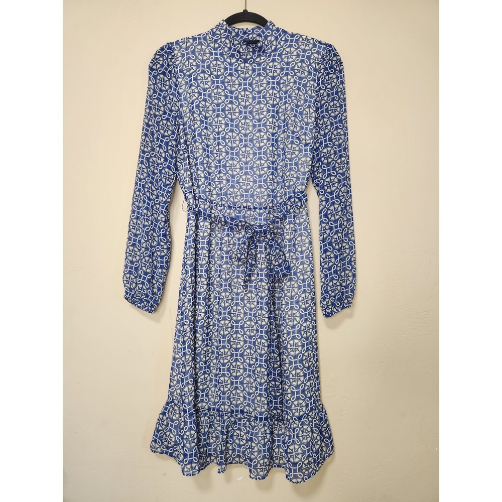Boden Blue Nautical Dress Long Sleeve Womens Size 6 Long Ruffle Hem